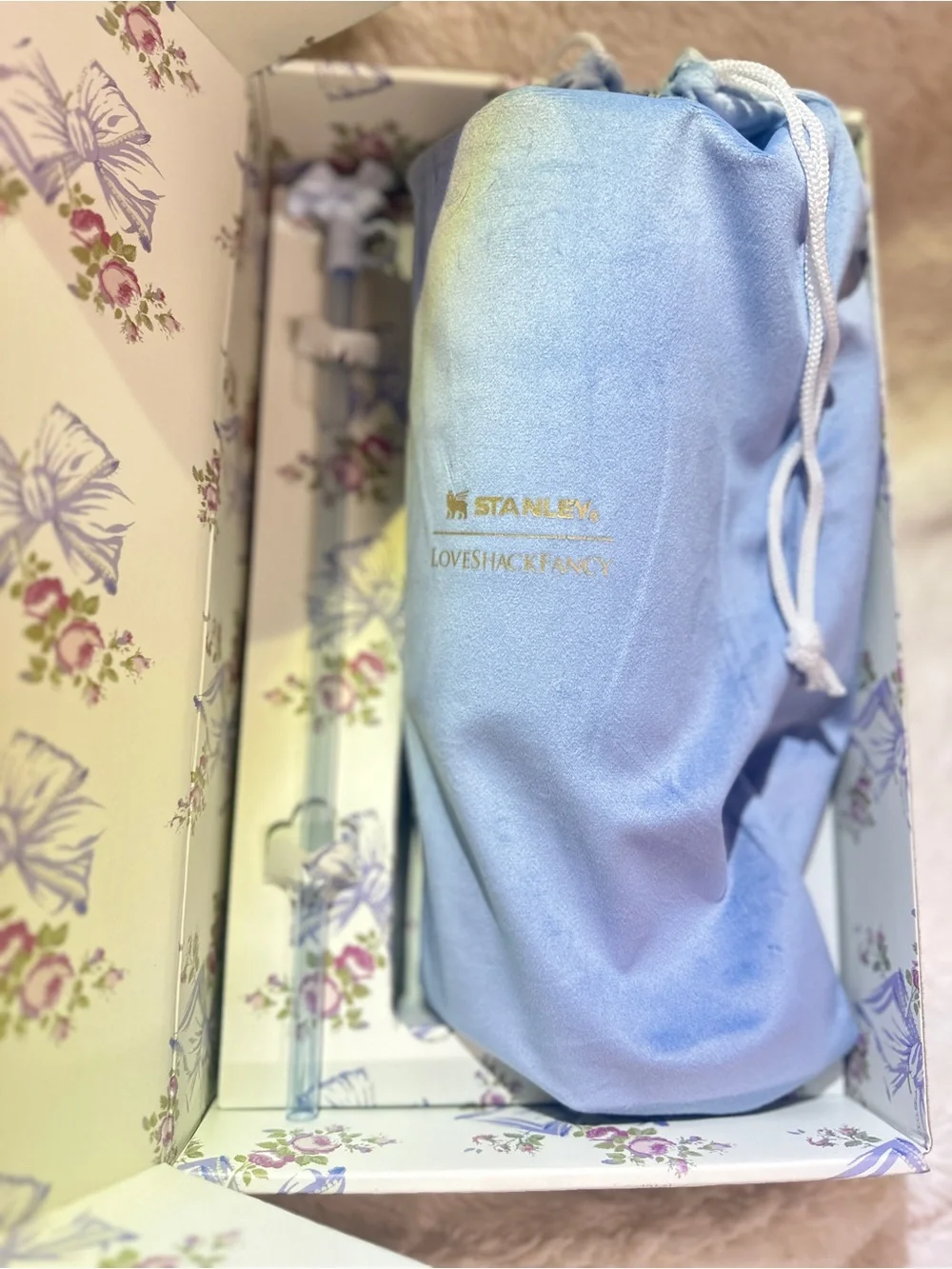 Stanley Cream Floral Gift Box with Blue Ribbon and Lavender Bows - Picture 2 of 3